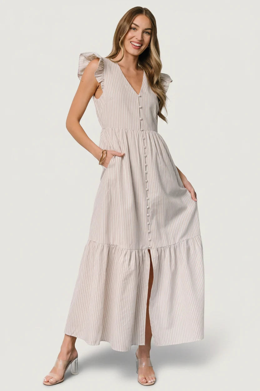 Hettie Button Maxi Dress | Beige Stripe Main image