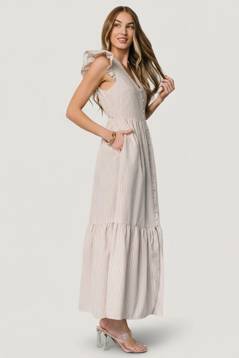 Hettie Button Maxi Dress | Beige Stripe