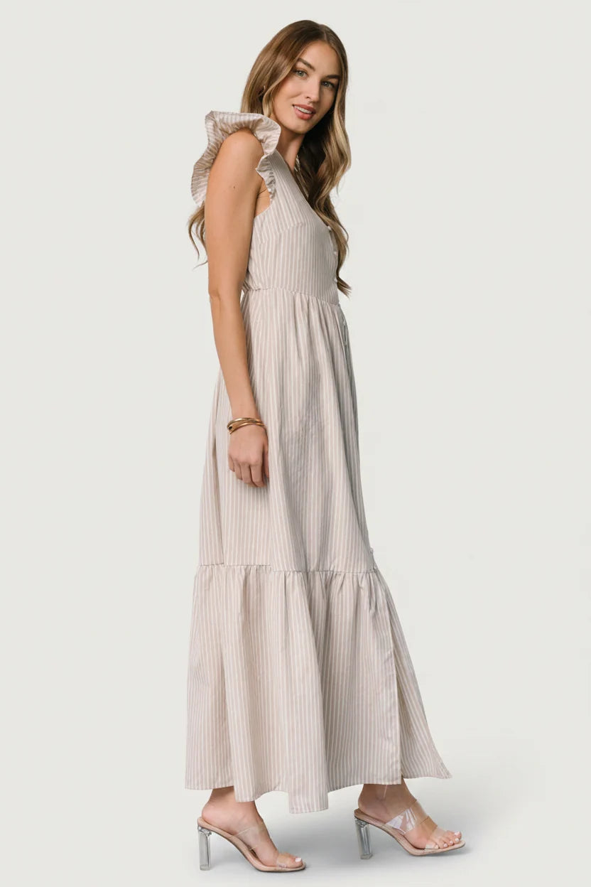 Hettie Button Maxi Dress | Beige Stripe