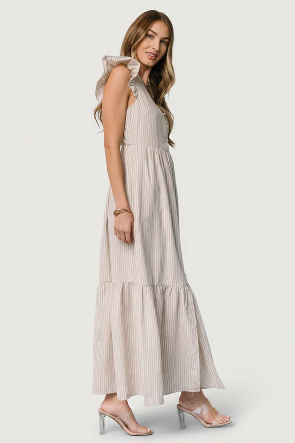Hettie Button Maxi Dress | Beige Stripe