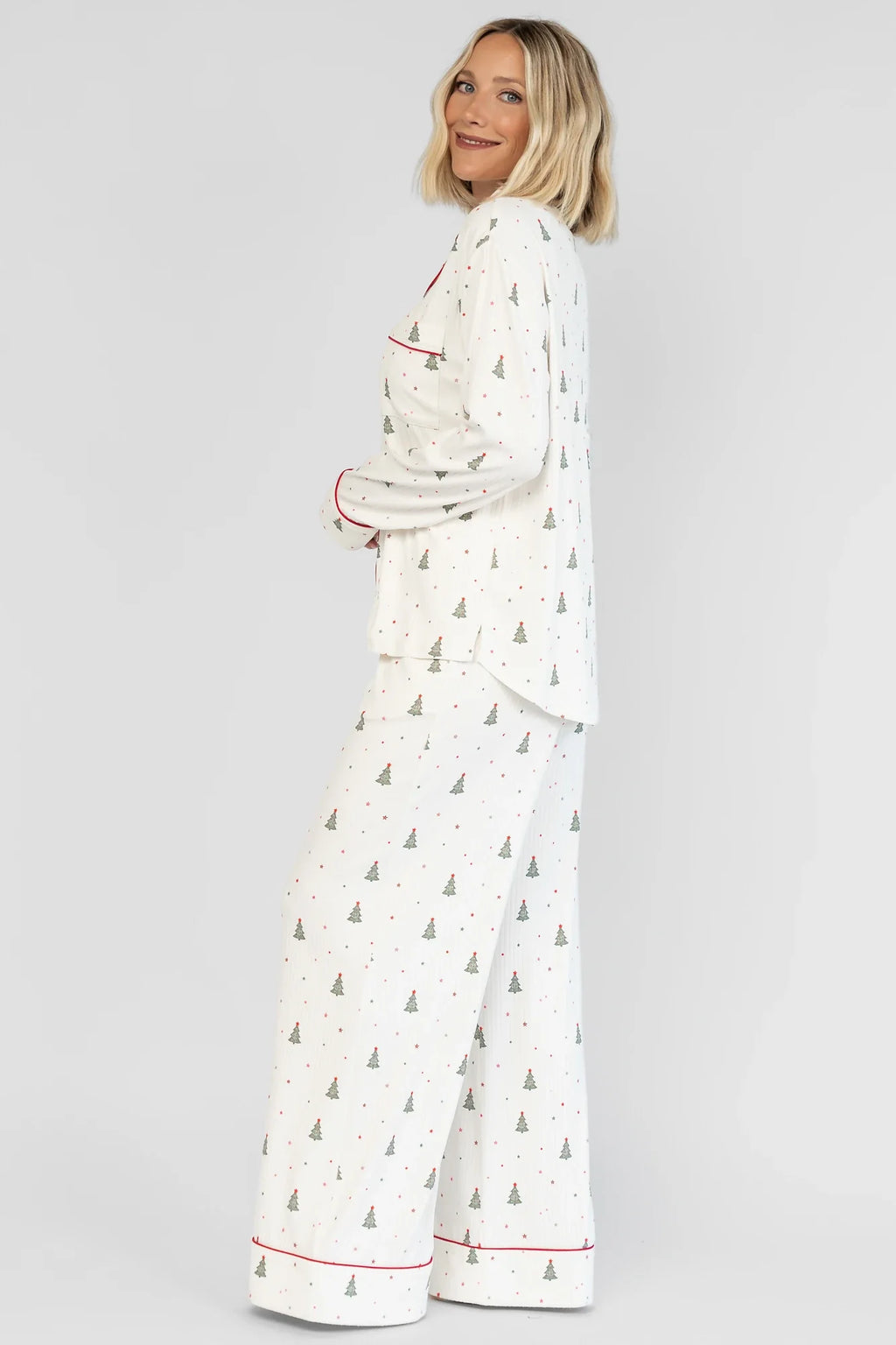 Holiday Cozy Rib Knit Pajamas | Ivory + Evergreen