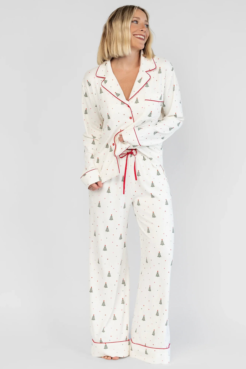 Holiday Cozy Rib Knit Pajamas | Ivory + Evergreen
