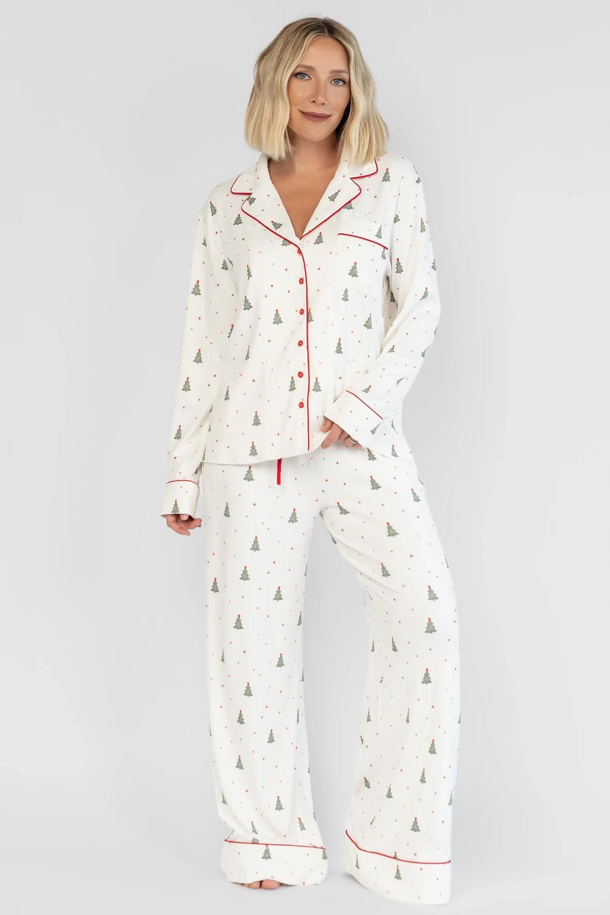 Holiday Cozy Rib Knit Pajamas | Ivory + Evergreen Main image