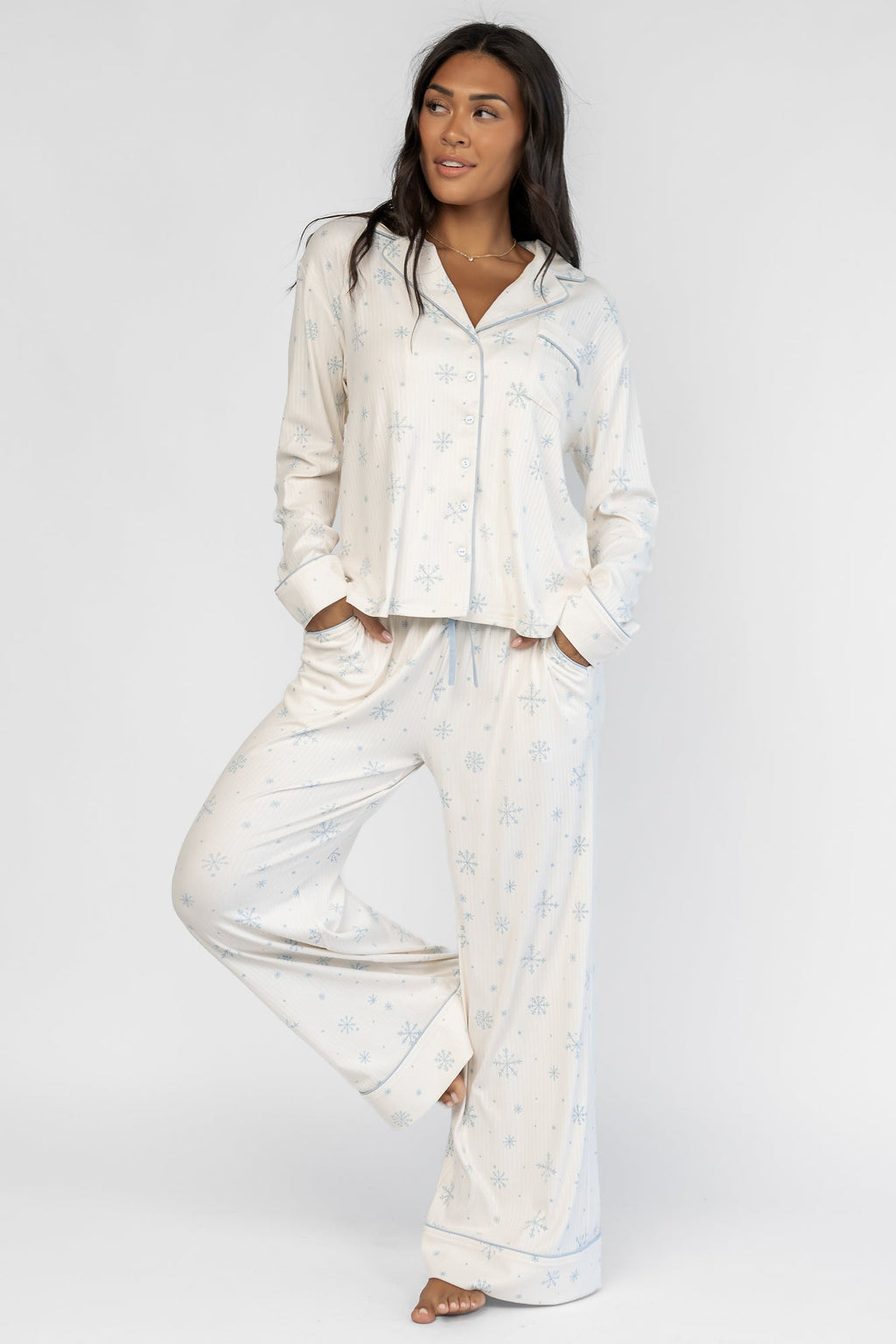 Holiday Cozy Rib Knit Pajamas | Ivory + Ice Blue