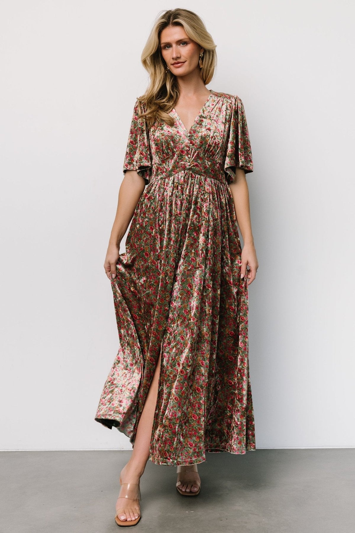 Irina Velvet Maxi Dress | Green Multi Floral Main image