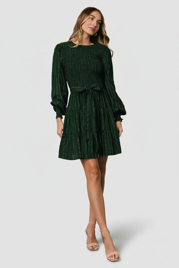 Ivey Smocked Short Dress | Dark Green + Silver