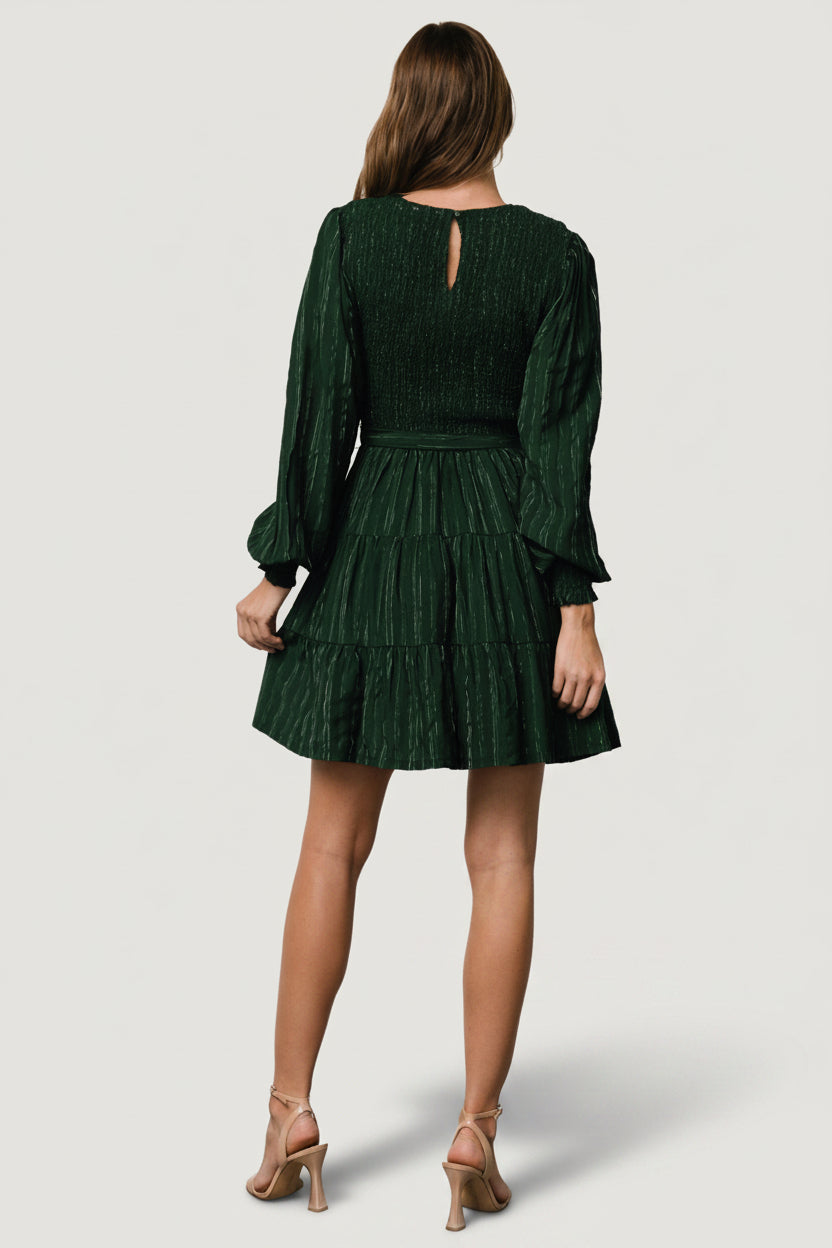 Ivey Smocked Short Dress | Dark Green + Silver
