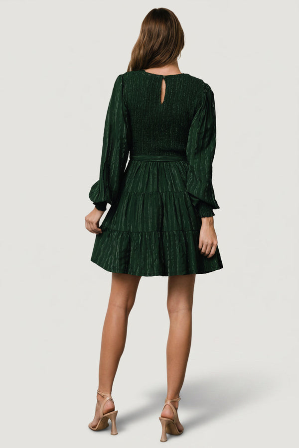 Ivey Smocked Short Dress | Dark Green + Silver