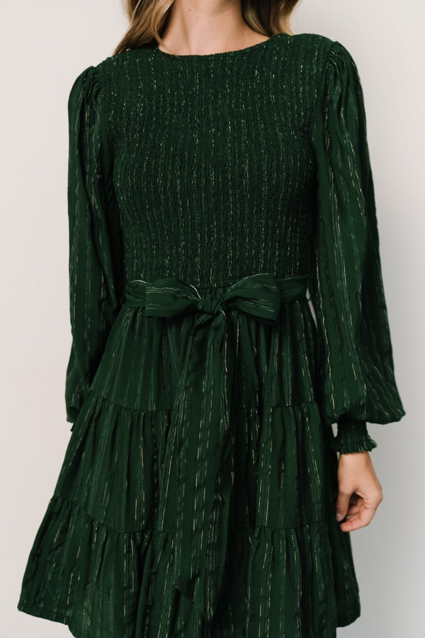 Ivey Smocked Short Dress | Dark Green + Silver