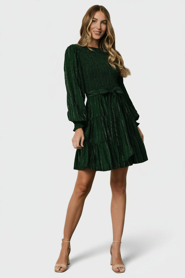 Ivey Smocked Short Dress | Dark Green + Silver