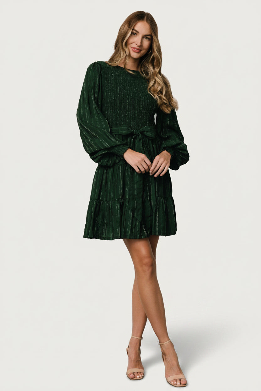 Ivey Smocked Short Dress | Dark Green + Silver