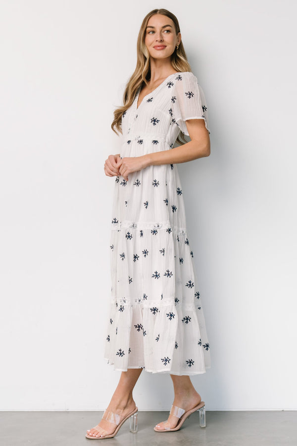 Jesenia Embroidered Dress | Off White + Navy
