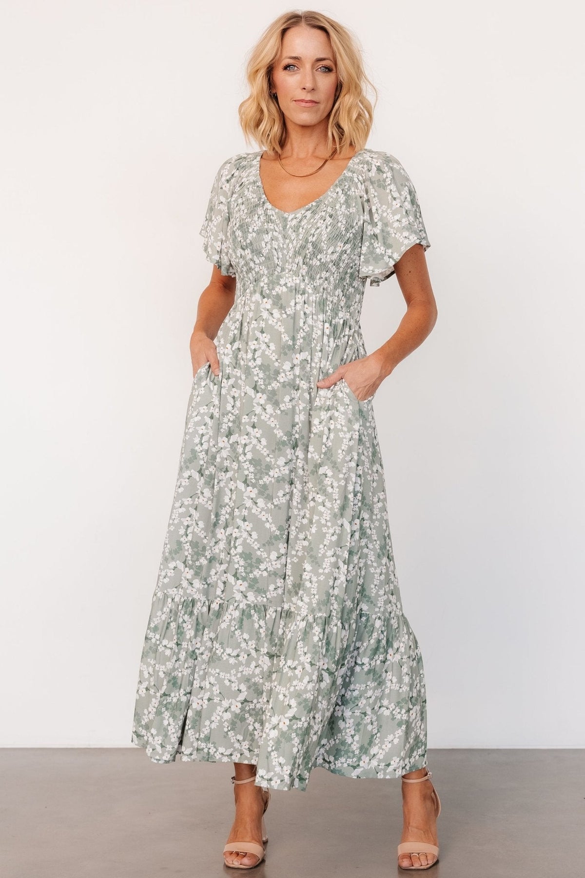 Joanie Smocked Dress | Sage + Off White Floral Main image
