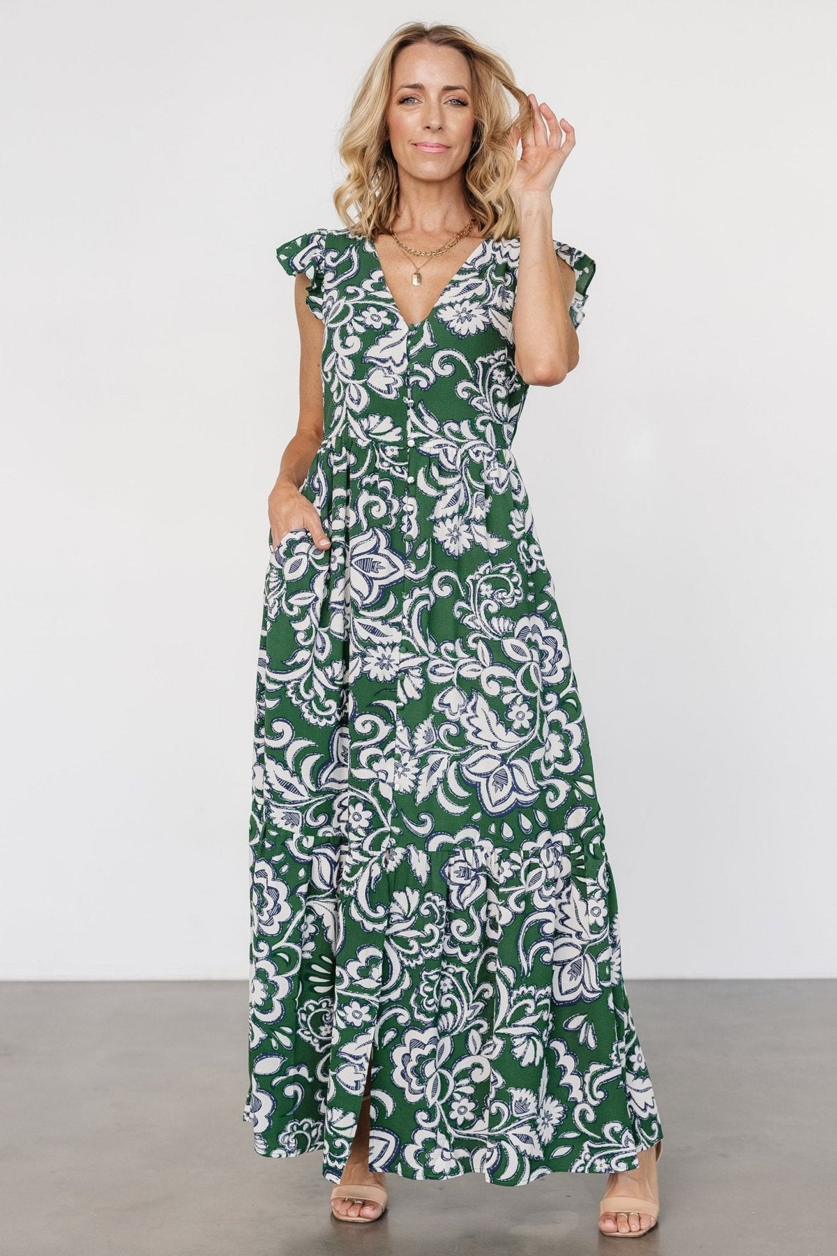 Kaia Button Maxi Dress | Green Print Main image
