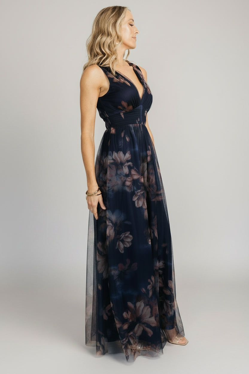 Kamila Tulle Maxi Dress | Dark Blue Floral