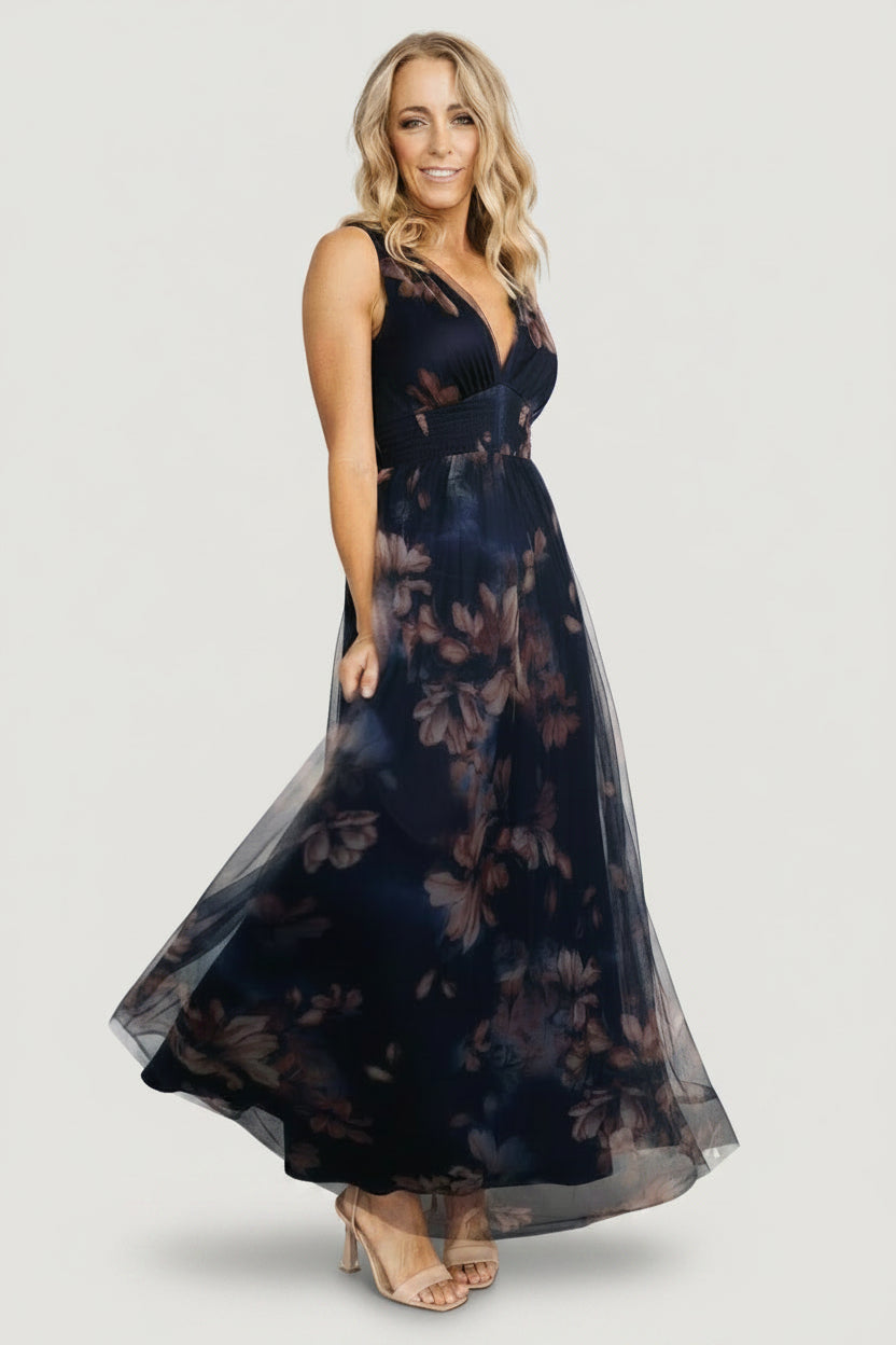 Kamila Tulle Maxi Dress | Dark Blue Floral
