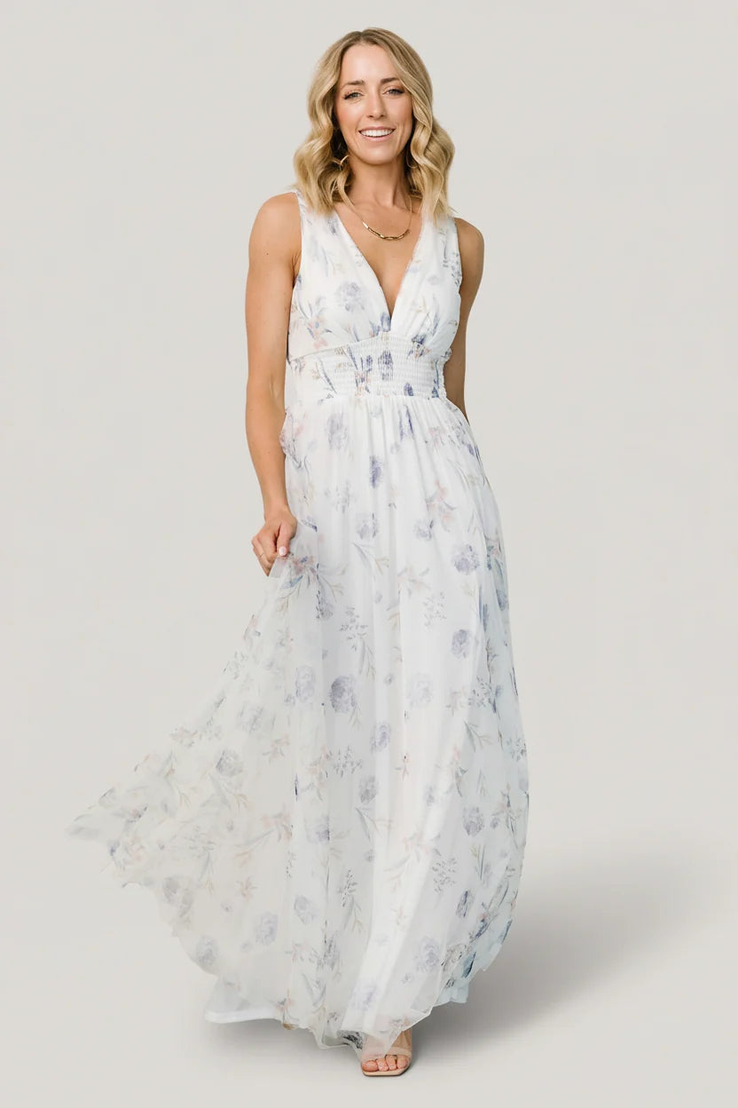 Kamila Tulle Maxi Dress | White Floral