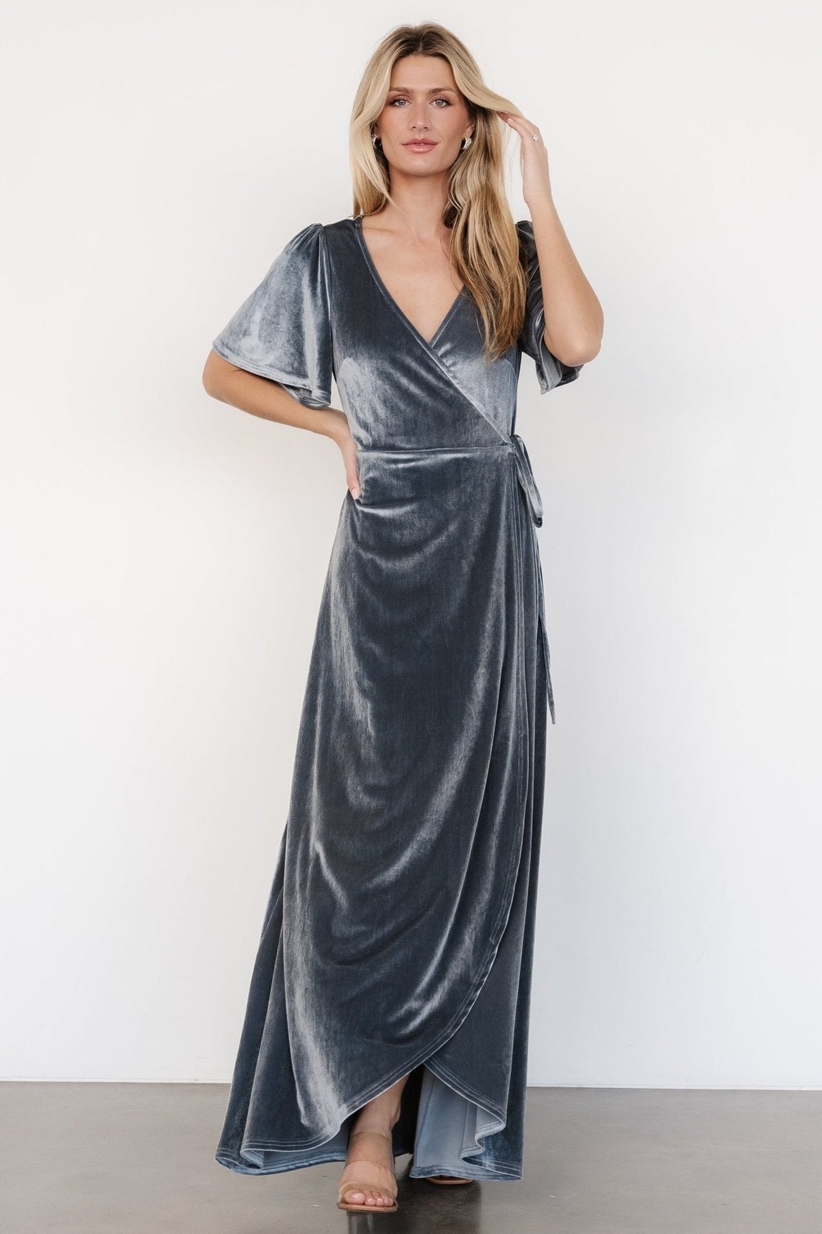 Katelyn Velvet Maxi Wrap Dress | Dusty Blue Main image