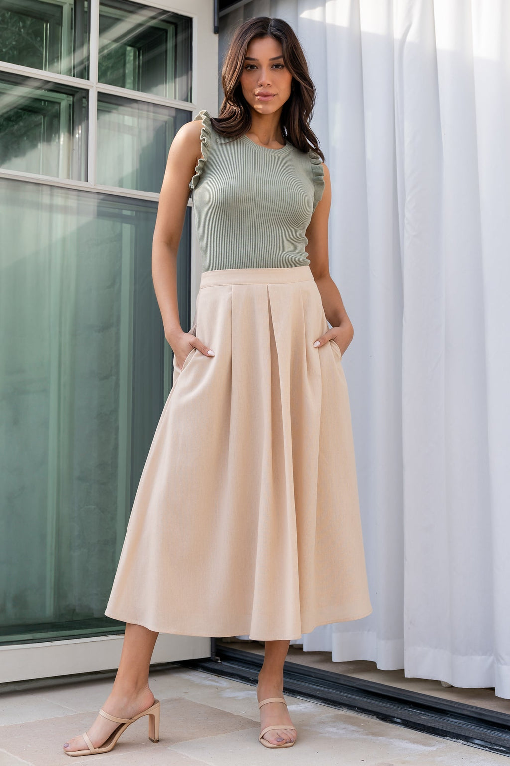 Katie Pleated Midi Skirt | Natural