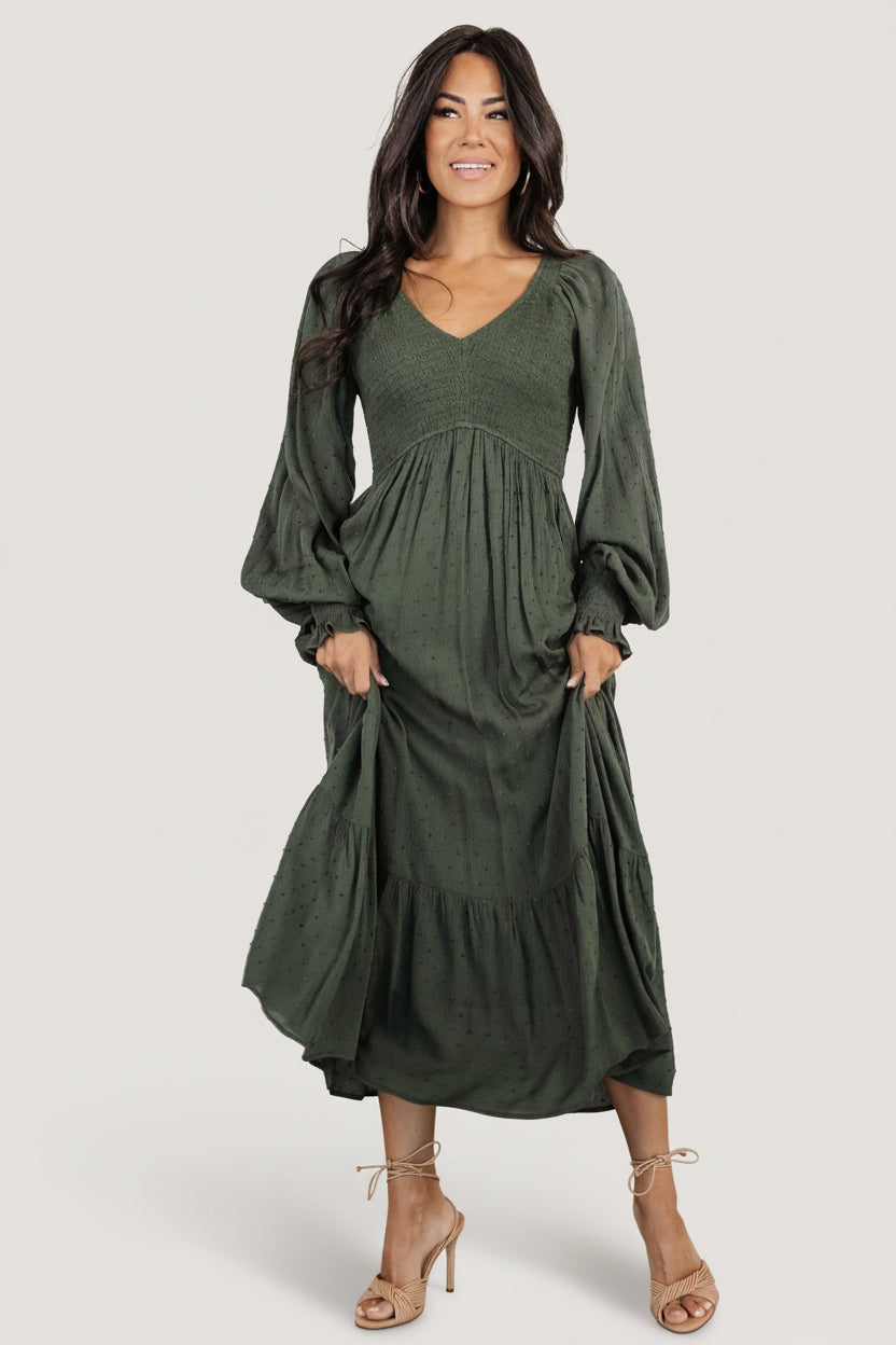 Lainey Smocked Dotted Midi Dress | Deep Olive