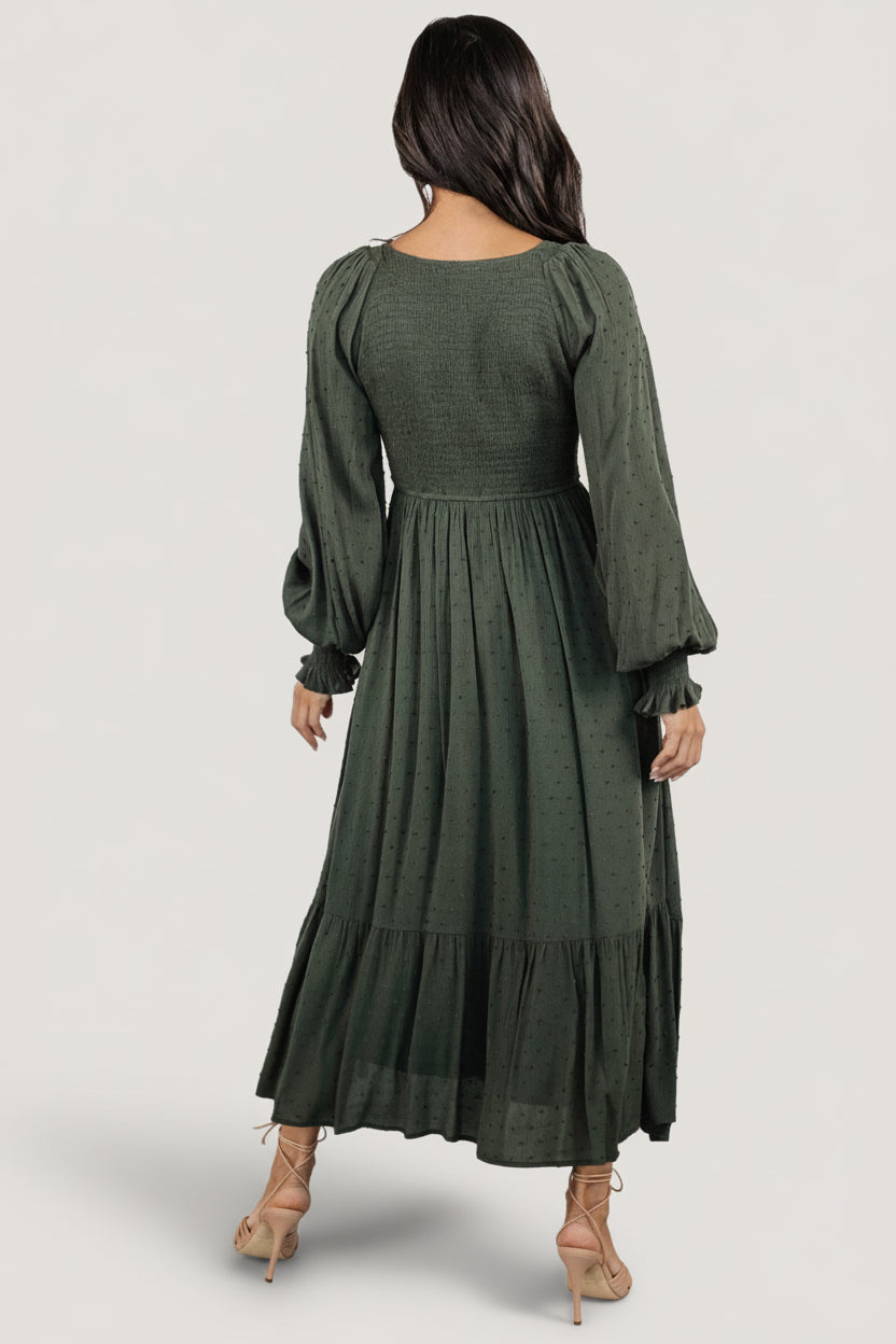 Lainey Smocked Dotted Midi Dress | Deep Olive