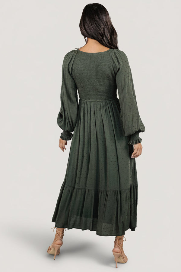 Lainey Smocked Dotted Midi Dress | Deep Olive