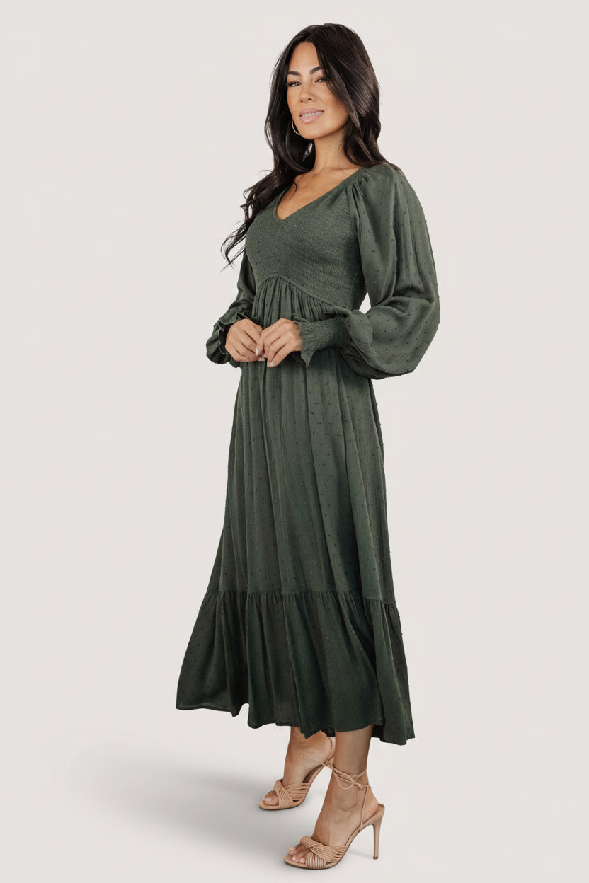 Lainey Smocked Dotted Midi Dress | Deep Olive Secondary image