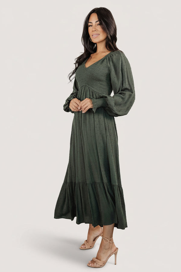 Lainey Smocked Dotted Midi Dress | Deep Olive