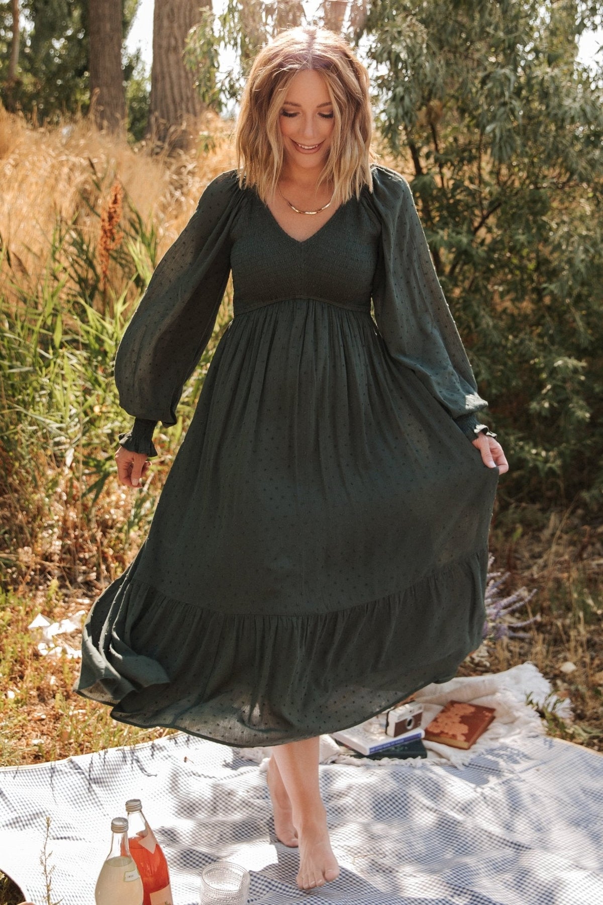 Lainey Smocked Dotted Midi Dress | Deep Olive Main image