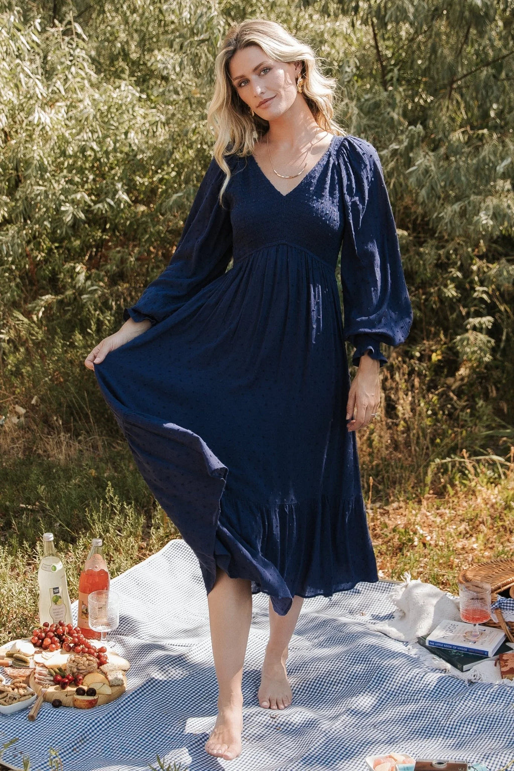 Lainey Smocked Dotted Midi Dress | Midnight Blue