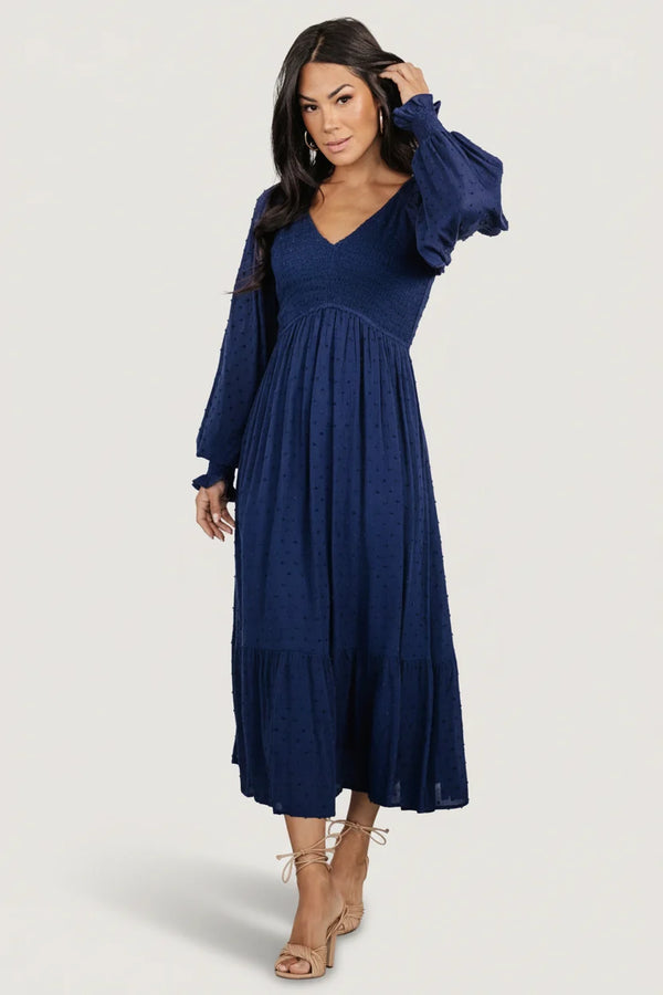 Lainey Smocked Dotted Midi Dress | Midnight Blue
