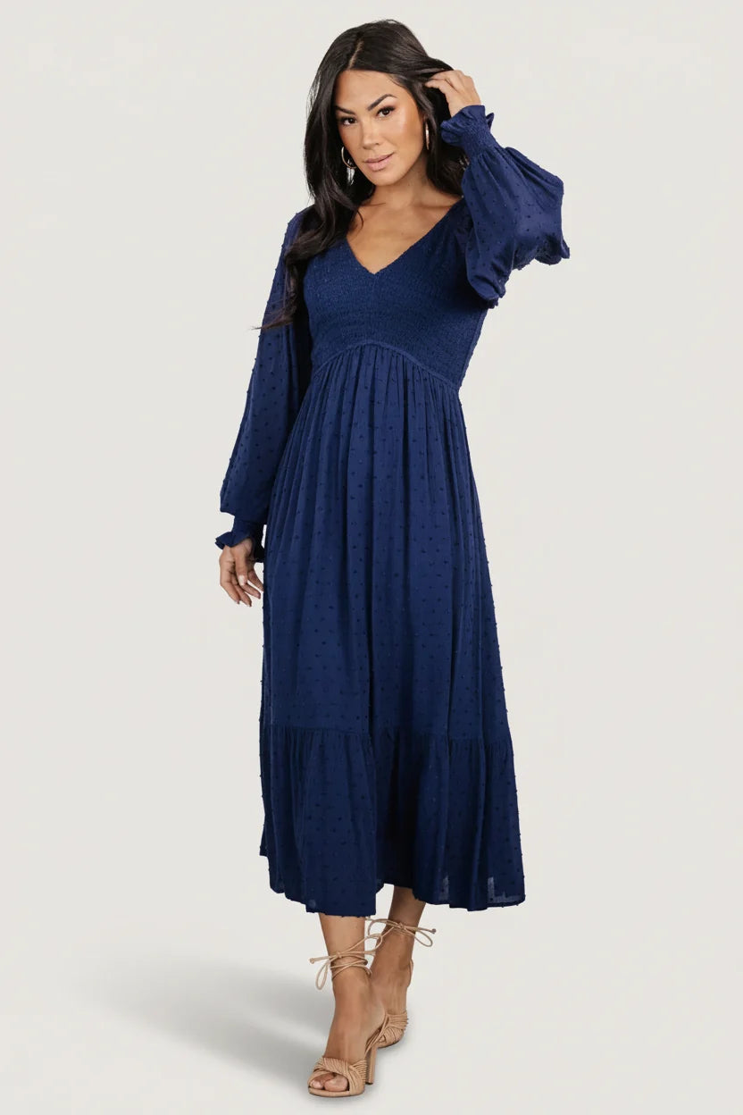 Lainey Smocked Dotted Midi Dress | Midnight Blue Main image