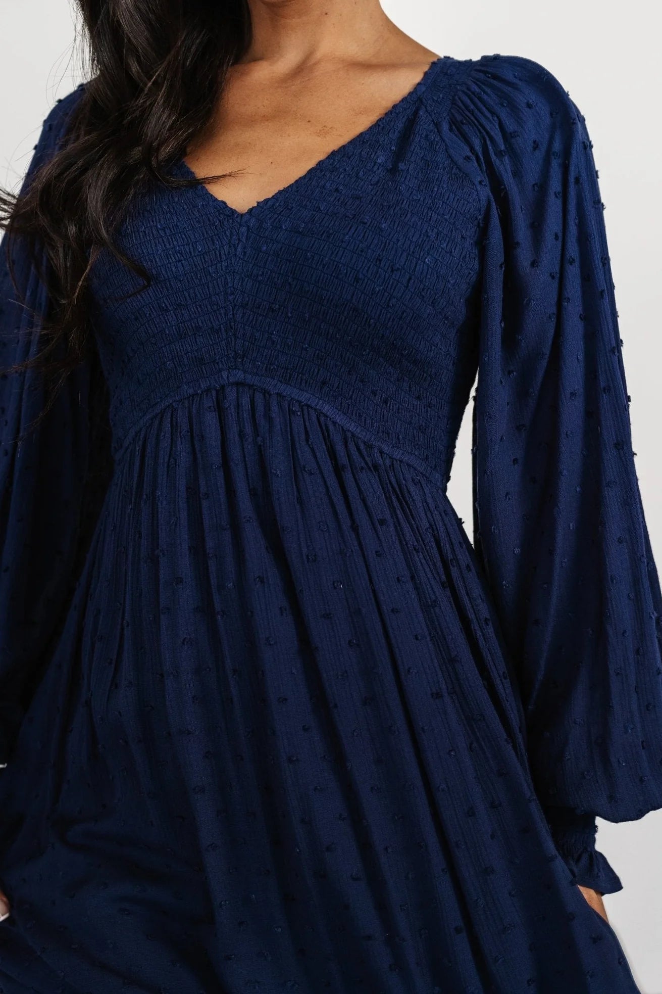 Lainey Smocked Dotted Midi Dress | Midnight Blue Secondary image