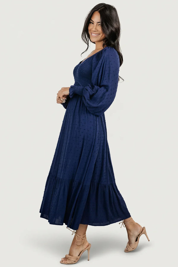Lainey Smocked Dotted Midi Dress | Midnight Blue