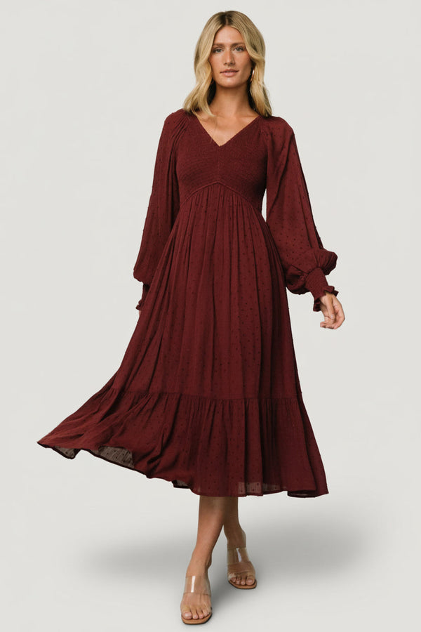 Lainey Smocked Dotted Midi Dress | Mulberry