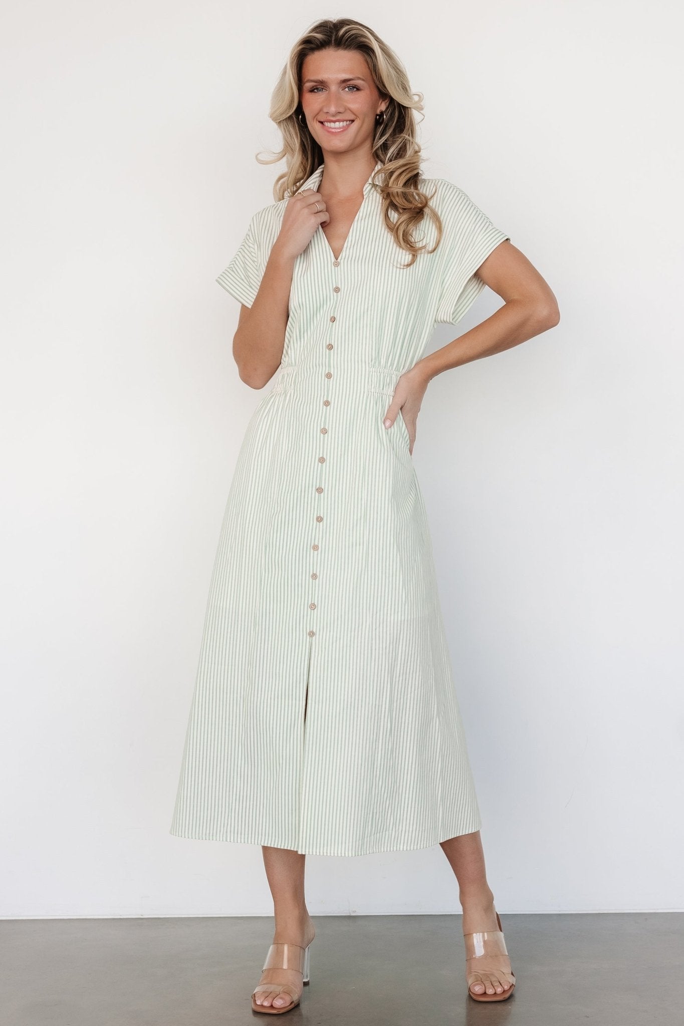 Larah Button Dress | Sage Stripe Secondary image