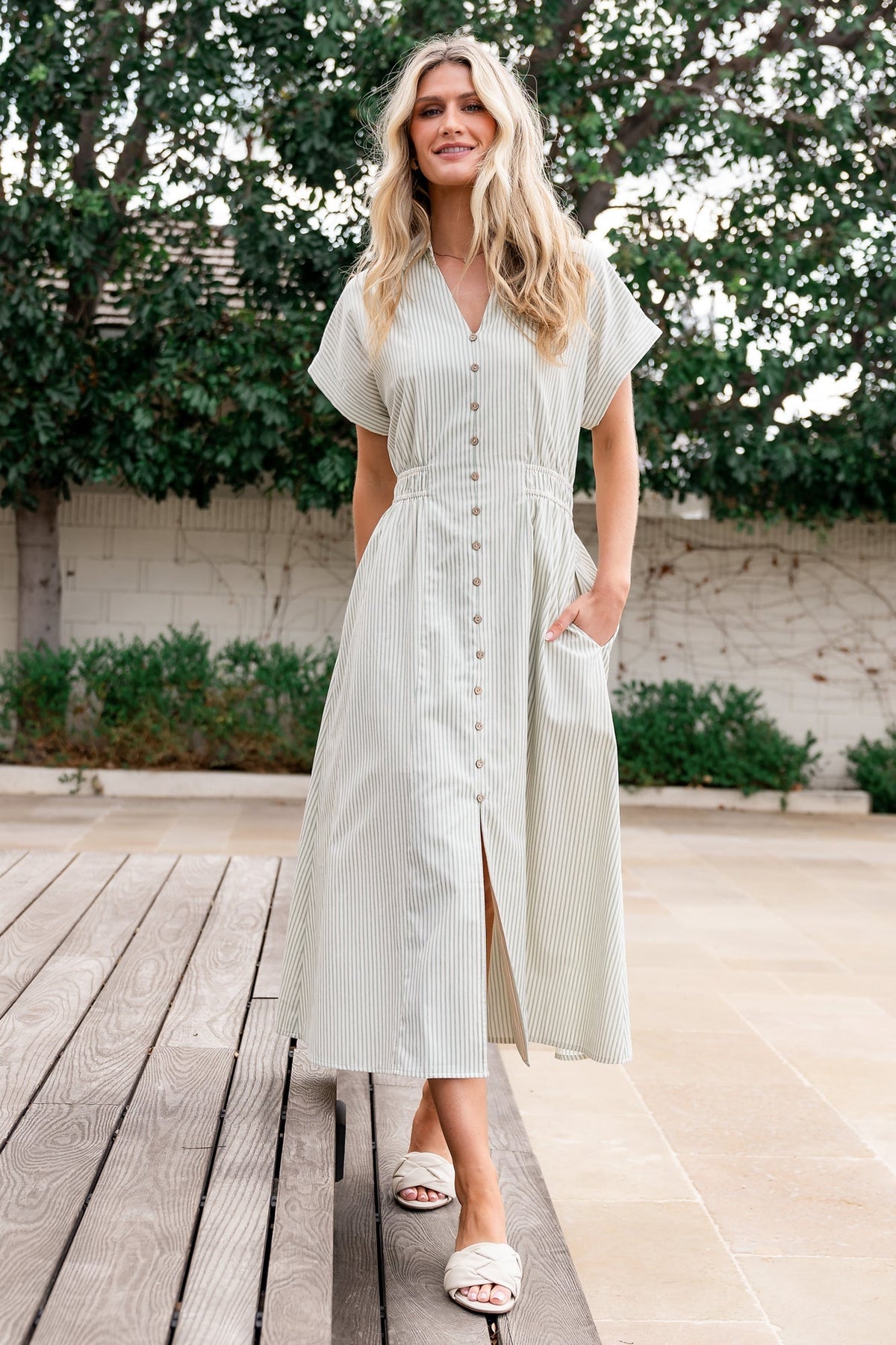 Larah Button Dress | Sage Stripe Main image