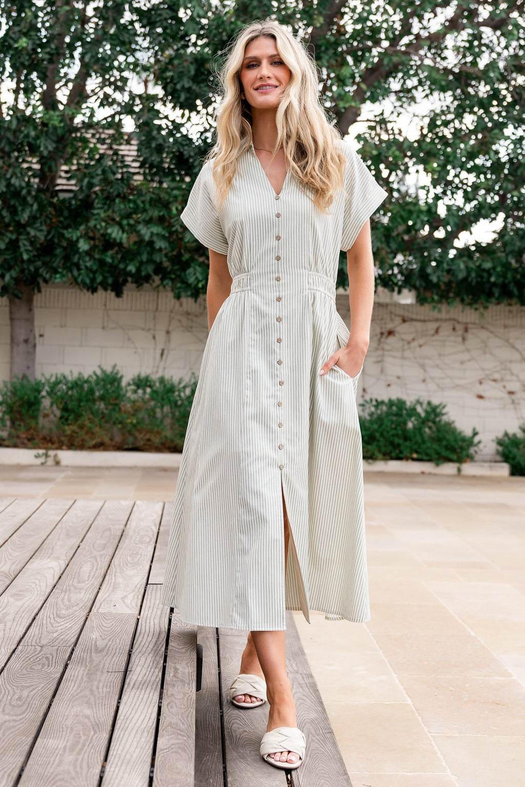 Larah Button Dress | Sage Stripe