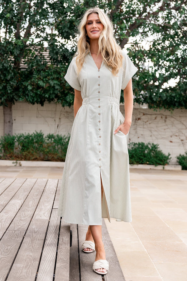 Larah Button Dress | Sage Stripe
