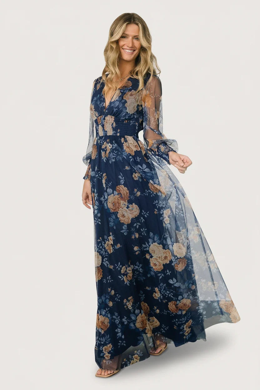 Layla Tulle Maxi Dress | Blue + Golden Floral