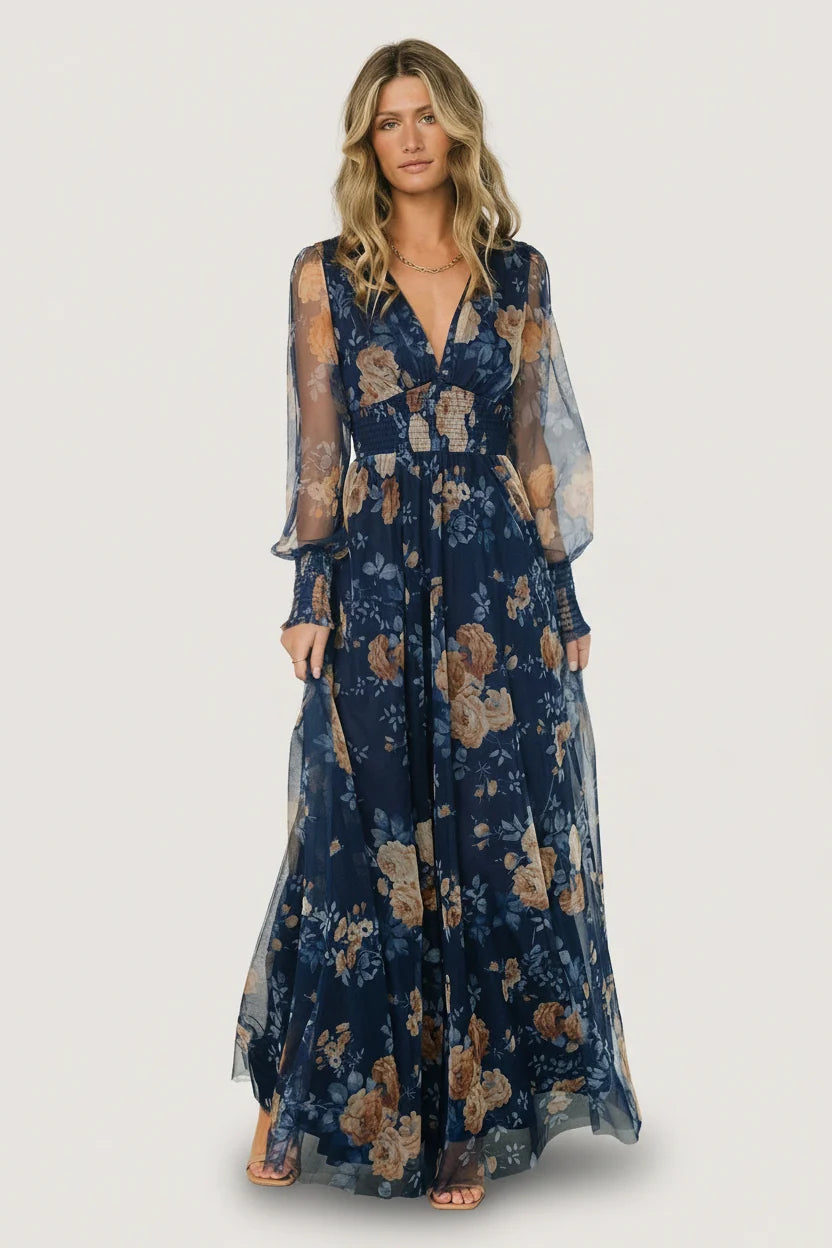 Layla Tulle Maxi Dress | Blue + Golden Floral Main image