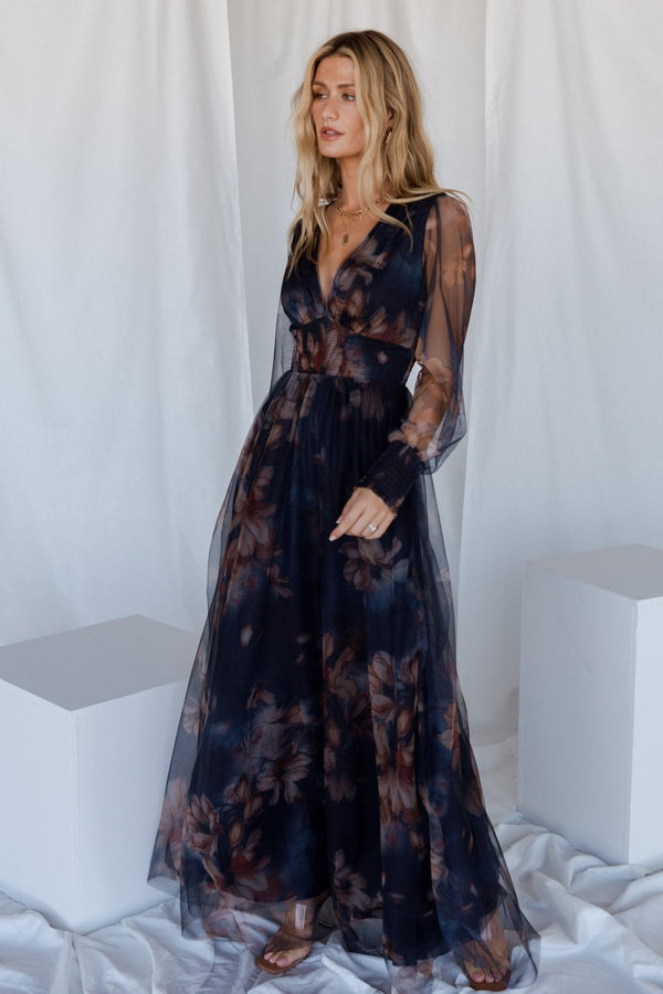 Layla Tulle Maxi Dress | Dark Blue Floral