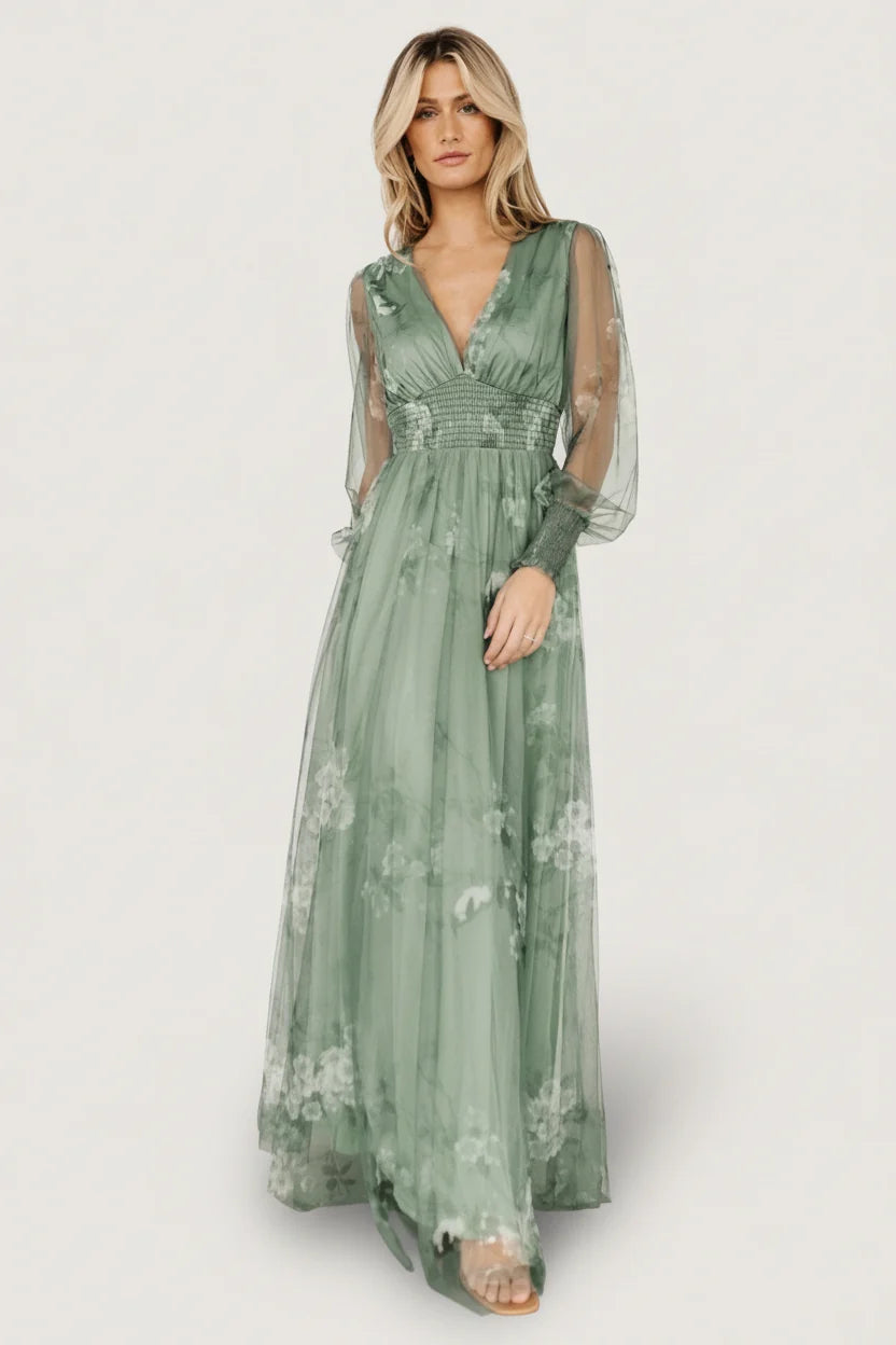 Layla Tulle Maxi Dress | Dusty Green Floral Main image