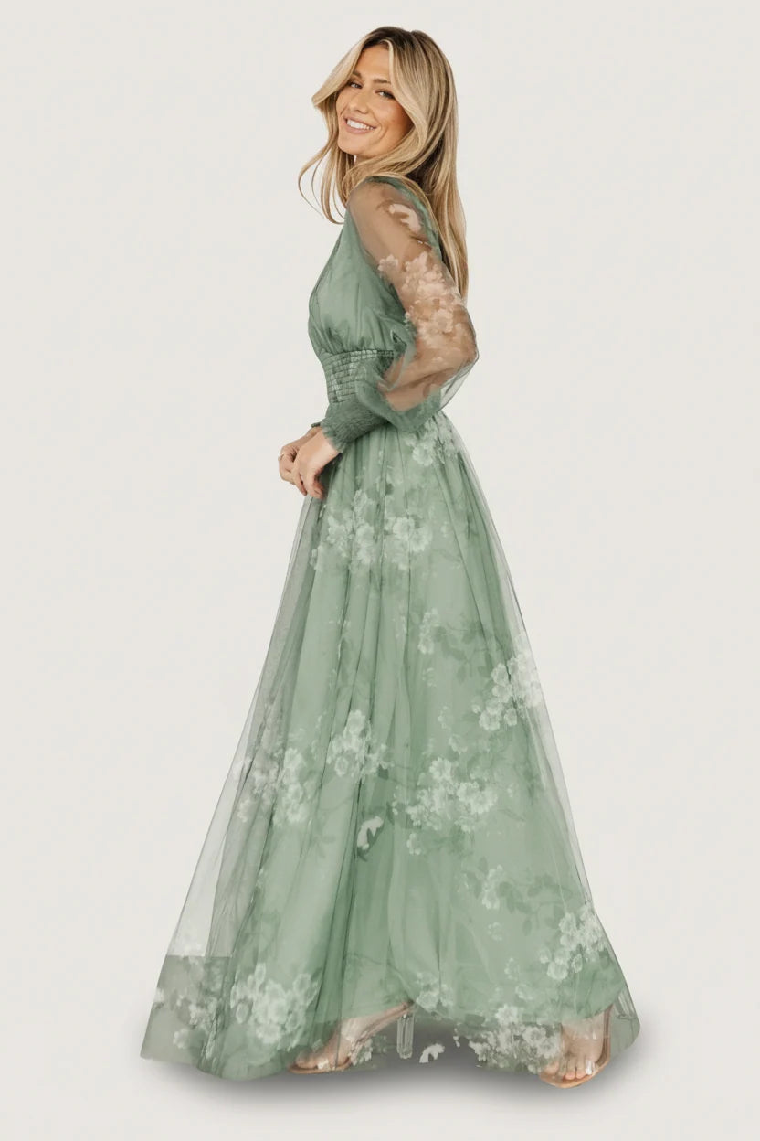Layla Tulle Maxi Dress | Dusty Green Floral