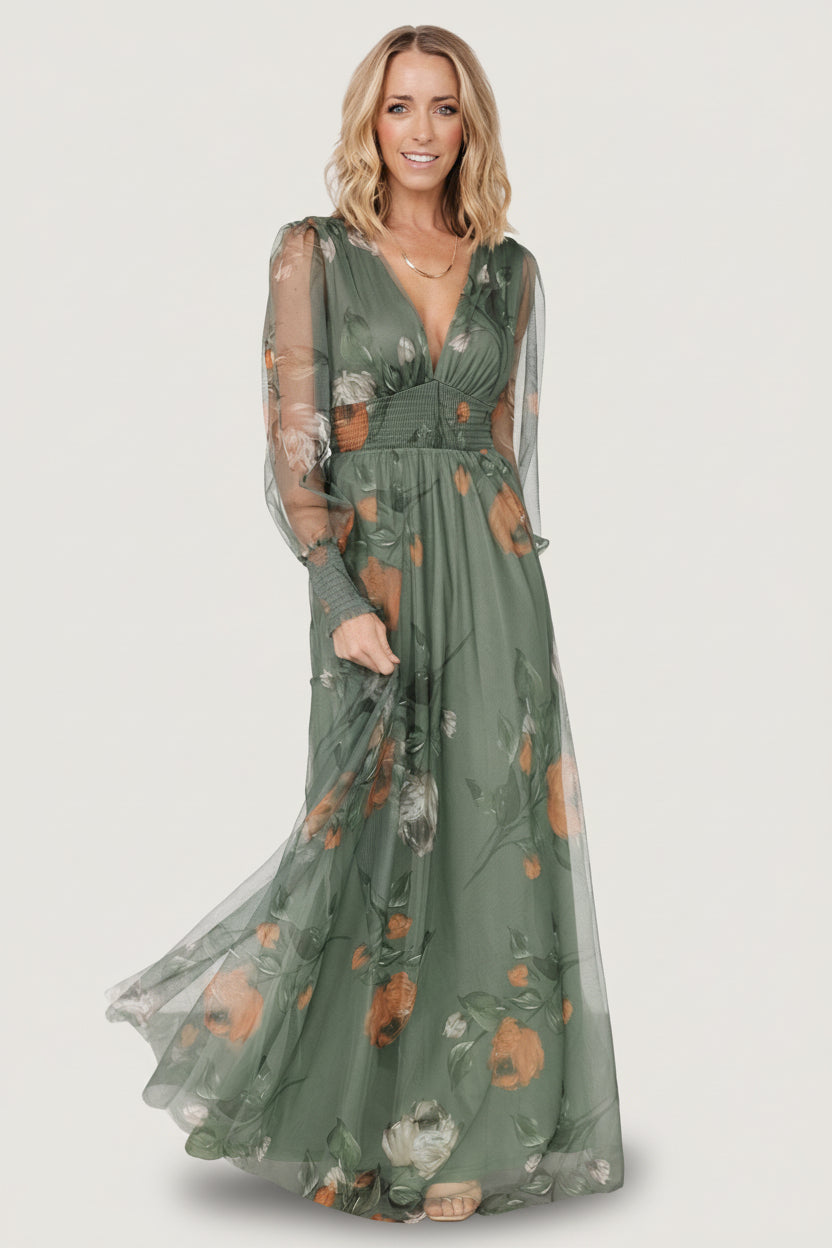 Layla Tulle Maxi Dress | Dusty Olive Floral Secondary image