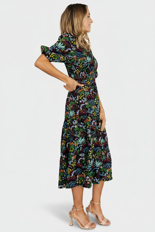 Lena Tiered Midi Dress | Black Multi Floral