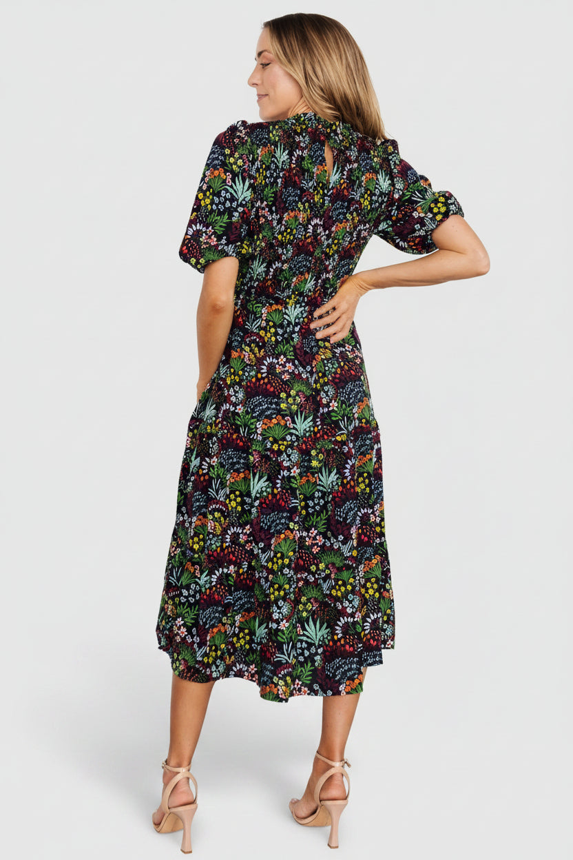 Lena Tiered Midi Dress | Black Multi Floral