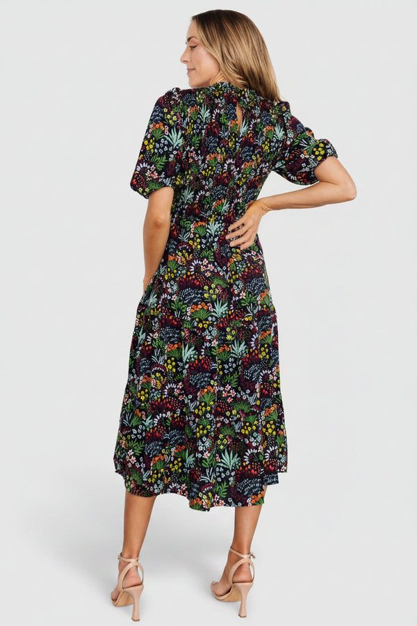 Lena Tiered Midi Dress | Black Multi Floral