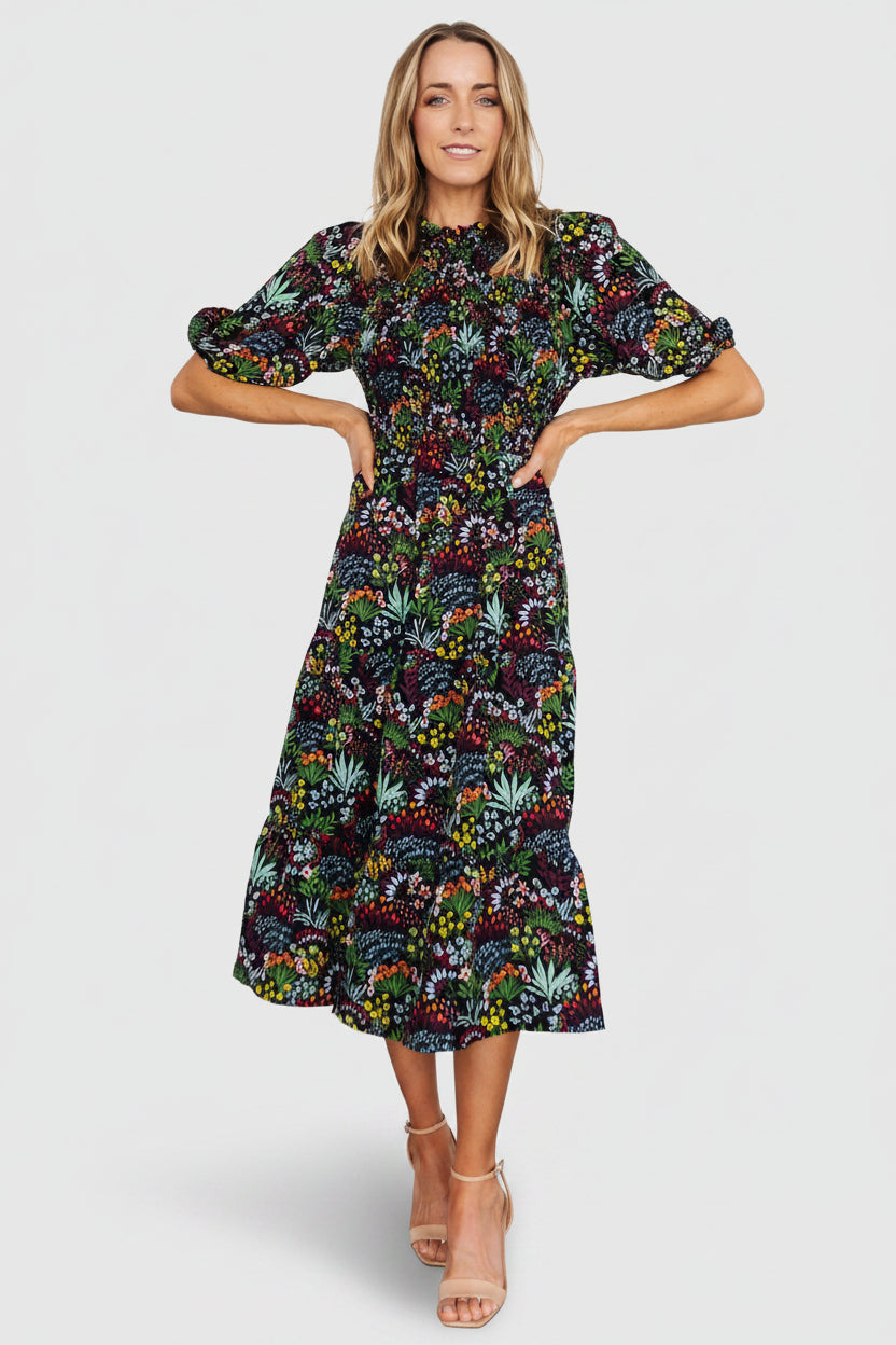 Lena Tiered Midi Dress | Black Multi Floral Main image