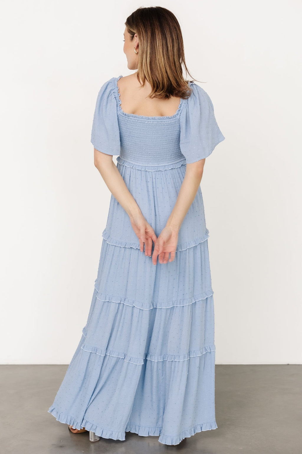 Lenora Smocked Dotted Maxi Dress | Dusty Blue